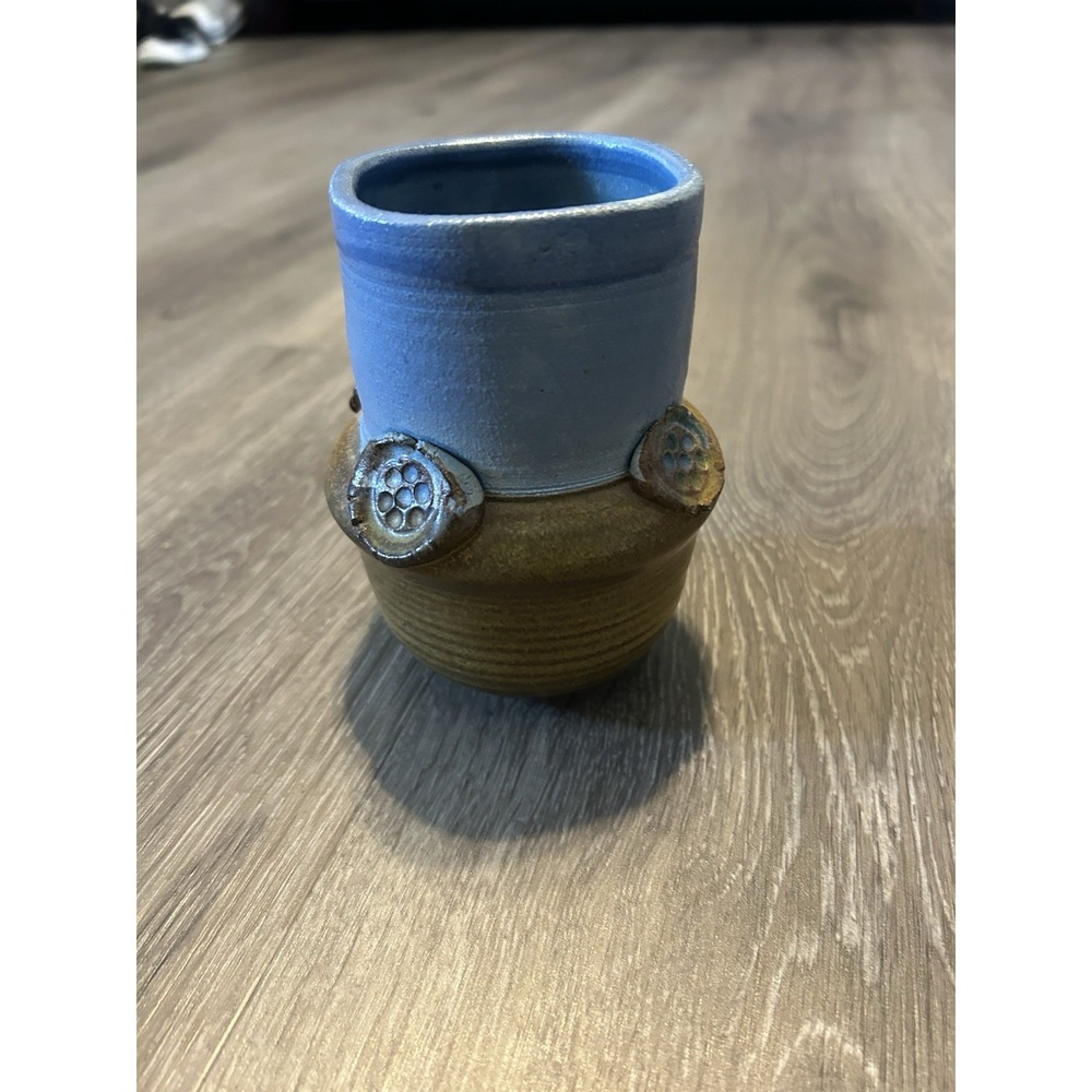 Stoneware-style Handmade Cup/planter/vase Beige Blue Brown Signed VTG Pottery